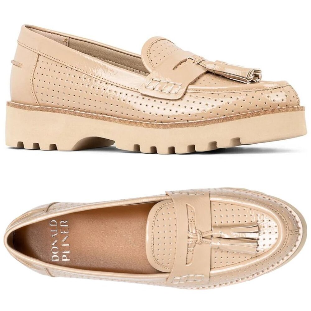 DONALD PLINER Haarlem Lug Sole Loafers Shoes Size 8 Beige Patent Leather NEW